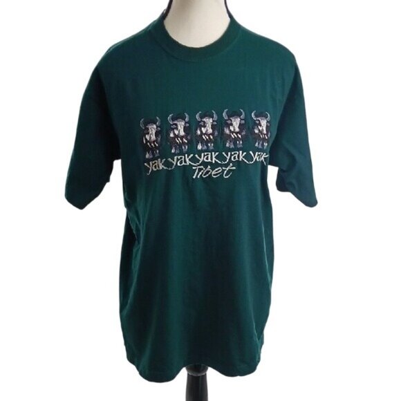 Vintage Tibet T Shirt Green Embroidered Yaks Retro Graphic Tee Unisex L - Picture 1 of 6